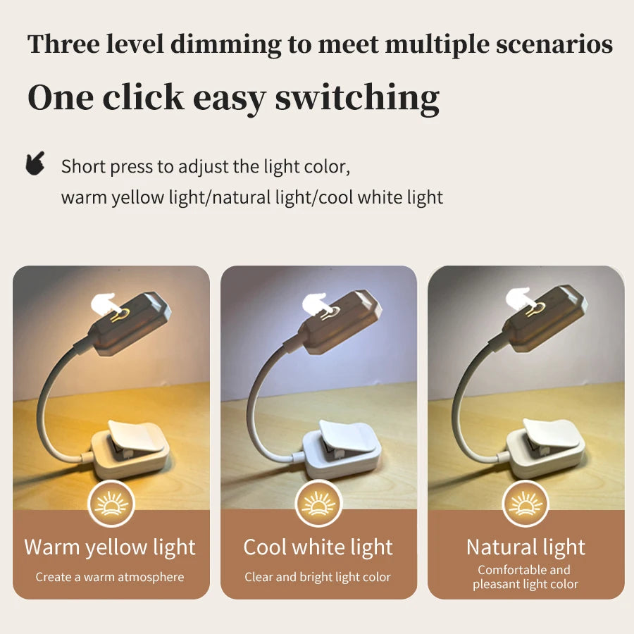 Rechargeable LED Clip-On Desk Lamp with Eye Protection - Adjustable 3-Color Lighting for Study and Reading