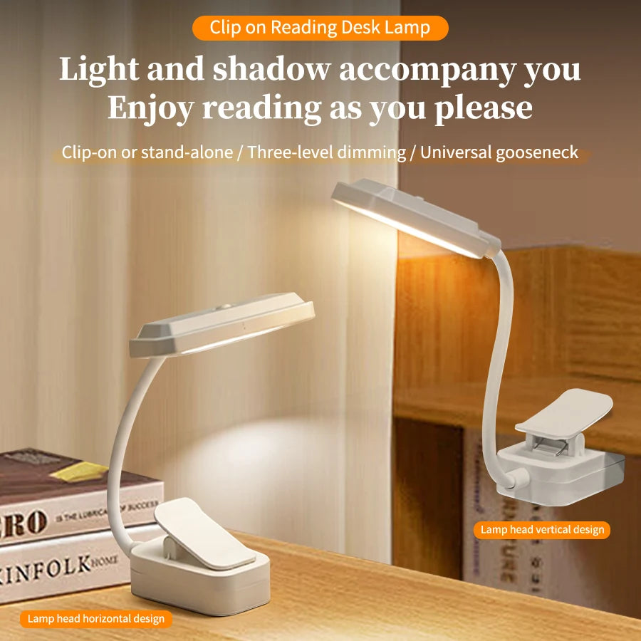 Rechargeable LED Clip-On Desk Lamp with Eye Protection - Adjustable 3-Color Lighting for Study and Reading