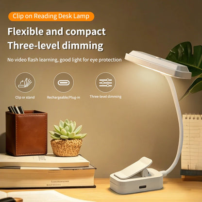 Rechargeable LED Clip-On Desk Lamp with Eye Protection - Adjustable 3-Color Lighting for Study and Reading