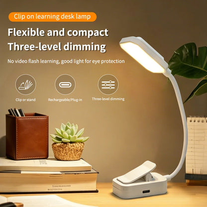 Rechargeable LED Clip-On Desk Lamp with Eye Protection - Adjustable 3-Color Lighting for Study and Reading