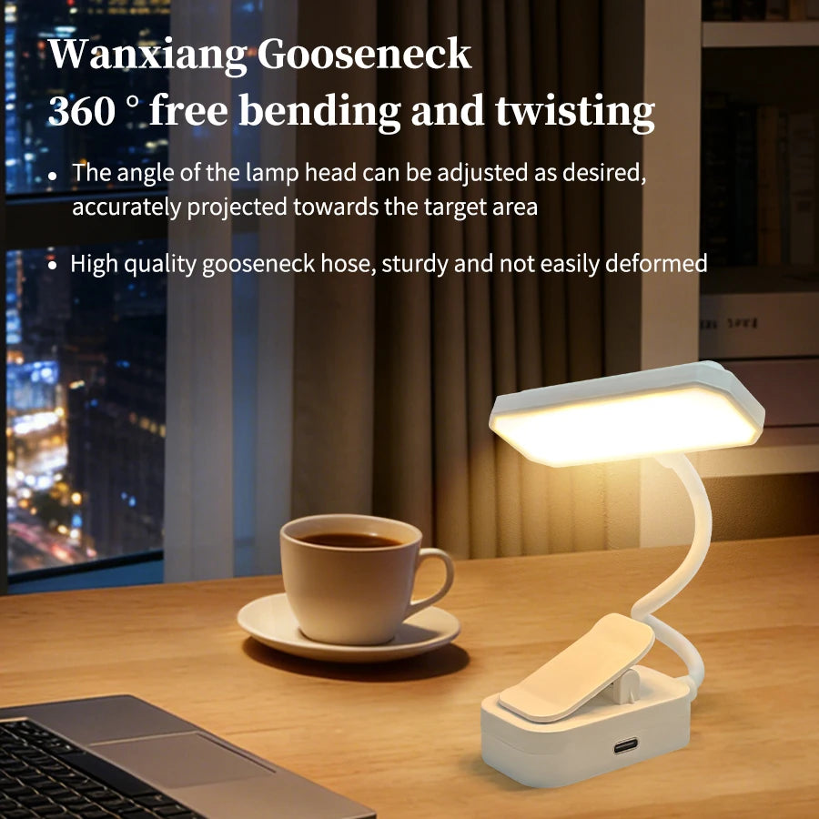 Rechargeable LED Clip-On Desk Lamp with Eye Protection - Adjustable 3-Color Lighting for Study and Reading