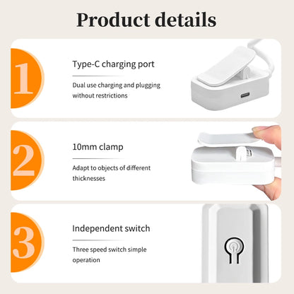 Rechargeable LED Clip-On Desk Lamp with Eye Protection - Adjustable 3-Color Lighting for Study and Reading